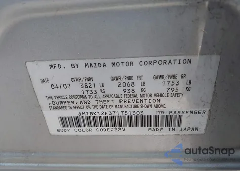 2007 Mazda Mazda3 I from USA, damaged, VIN JM1BK12F371751303